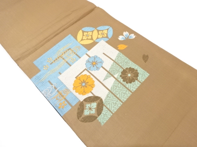 JAPANESE KIMONO / ANTIQUE CHUYA OBI / WOVEN SAKURA & SHIPPO PATTERN